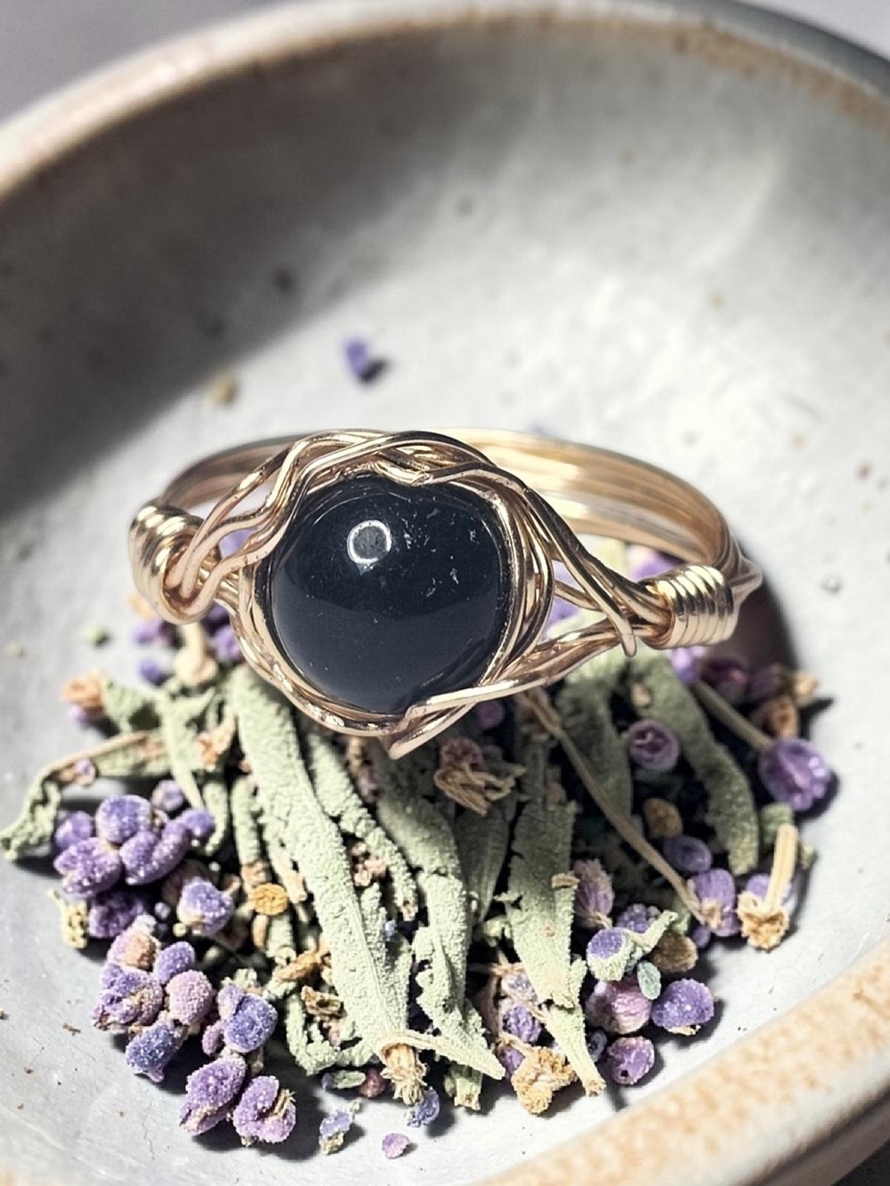 Handcrafted Gold Wire Black Onyx Ring - Women Jewelry